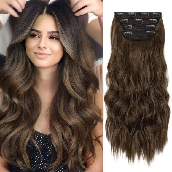 New 4PC 20Inch Chestnut Chocolate Brown Curly Clip-in Hair Extensions Thick Hair - Picture 1 of 6